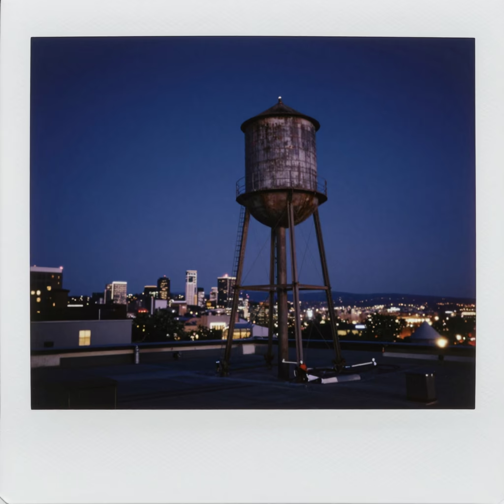 Midnight Seattle Rooftop Water Tower and City Skyline View in in Seattle, Washington, United States