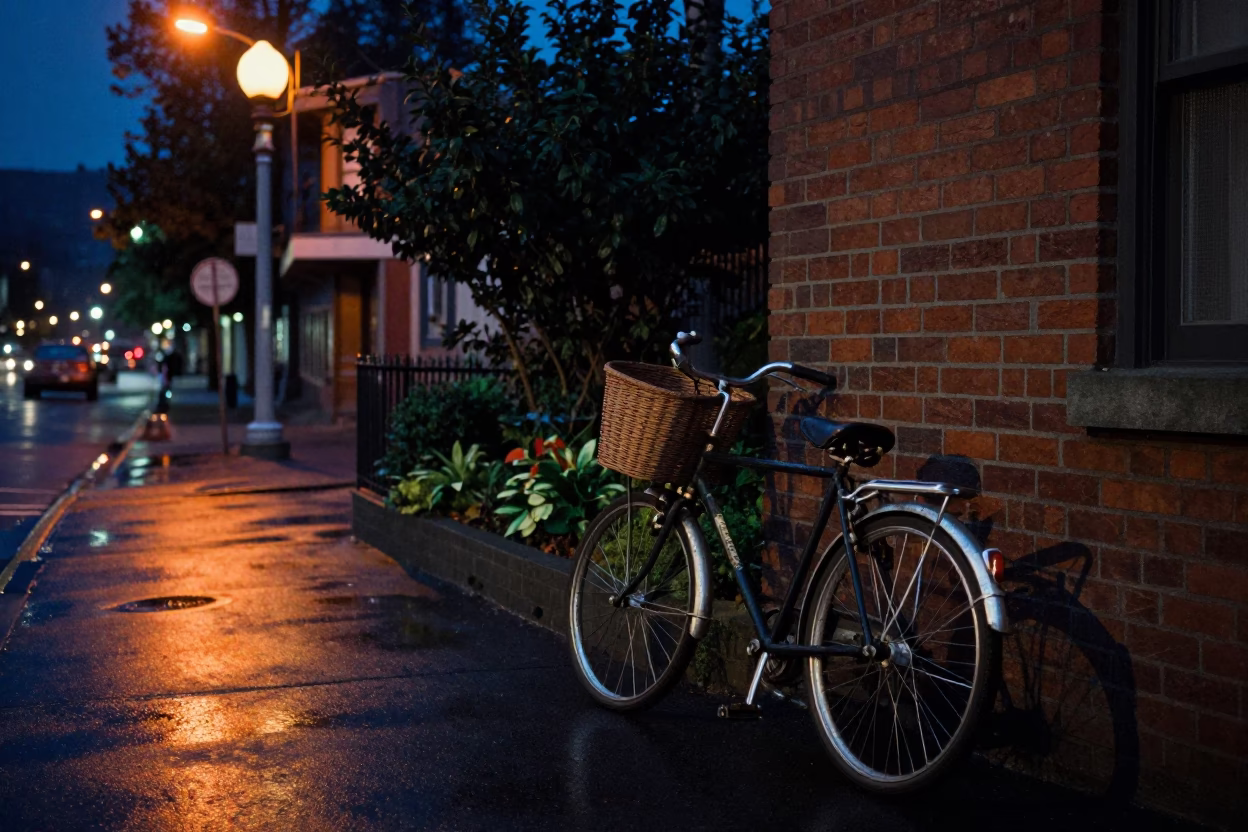Midnight Seattle Street Scene with Bicycle Basket and Garden Hose Near Waterway in in Seattle, Washington, United States