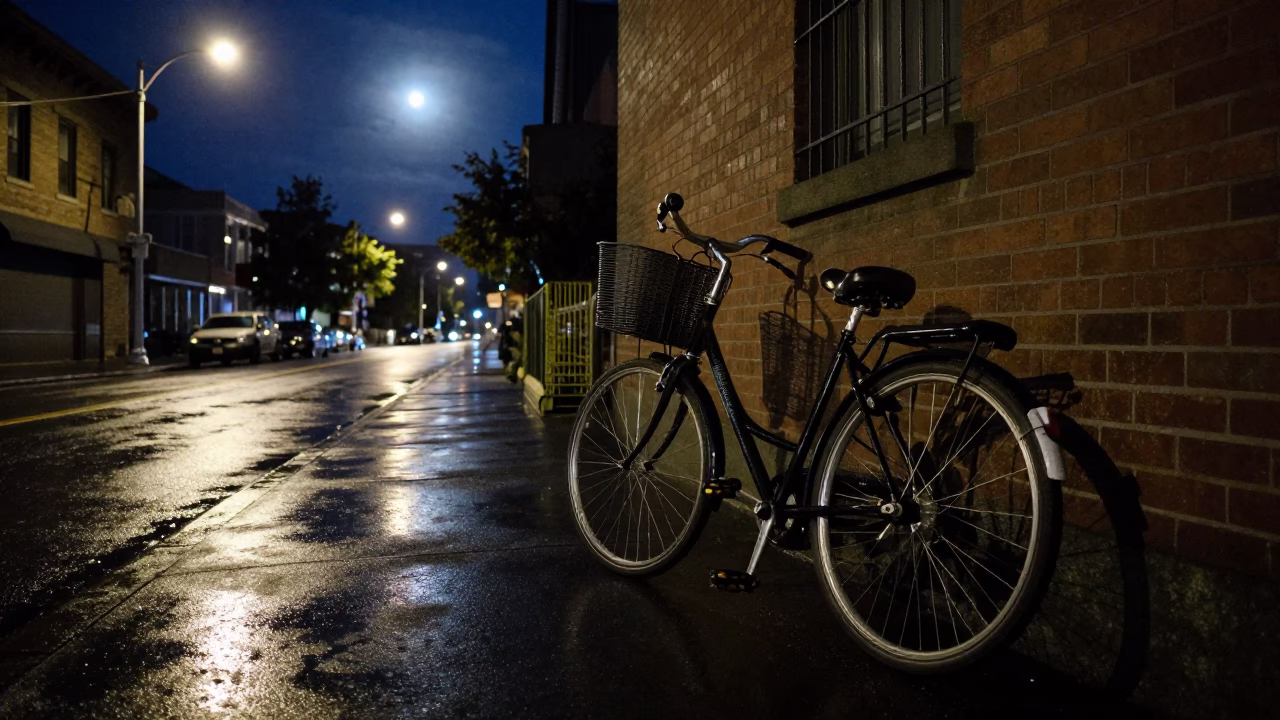 Midnight Seattle Street Scene with Bicycle Basket and Moonlit Drawbridge in in Seattle, Washington, United States