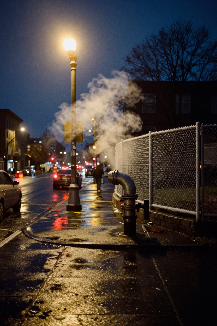 Midnight Seattle Street Scene with District Heating Pipe and Frost Coated Fencing in in Seattle, Washington, United States