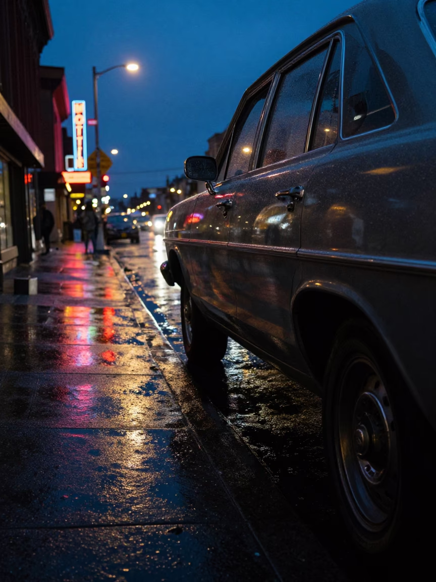 Midnight Seattle Street Scene with Neon Reflections and Vintage Car Details in in Seattle, Washington, United States