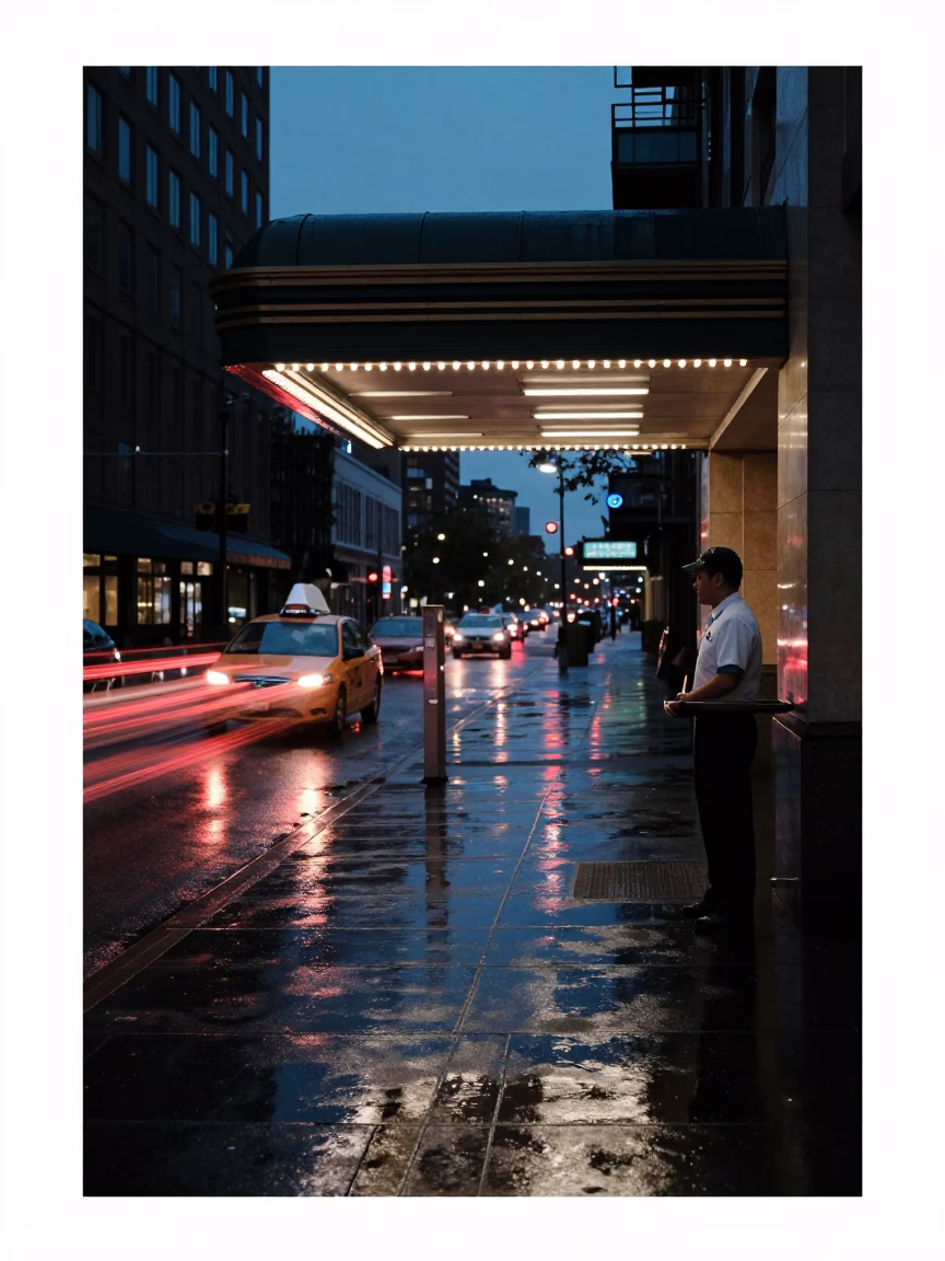 Midnight Seattle Valet Stand Under Hotel Awnings Reflecting Headlight Streaks in Rain in in Seattle, Washington, United States