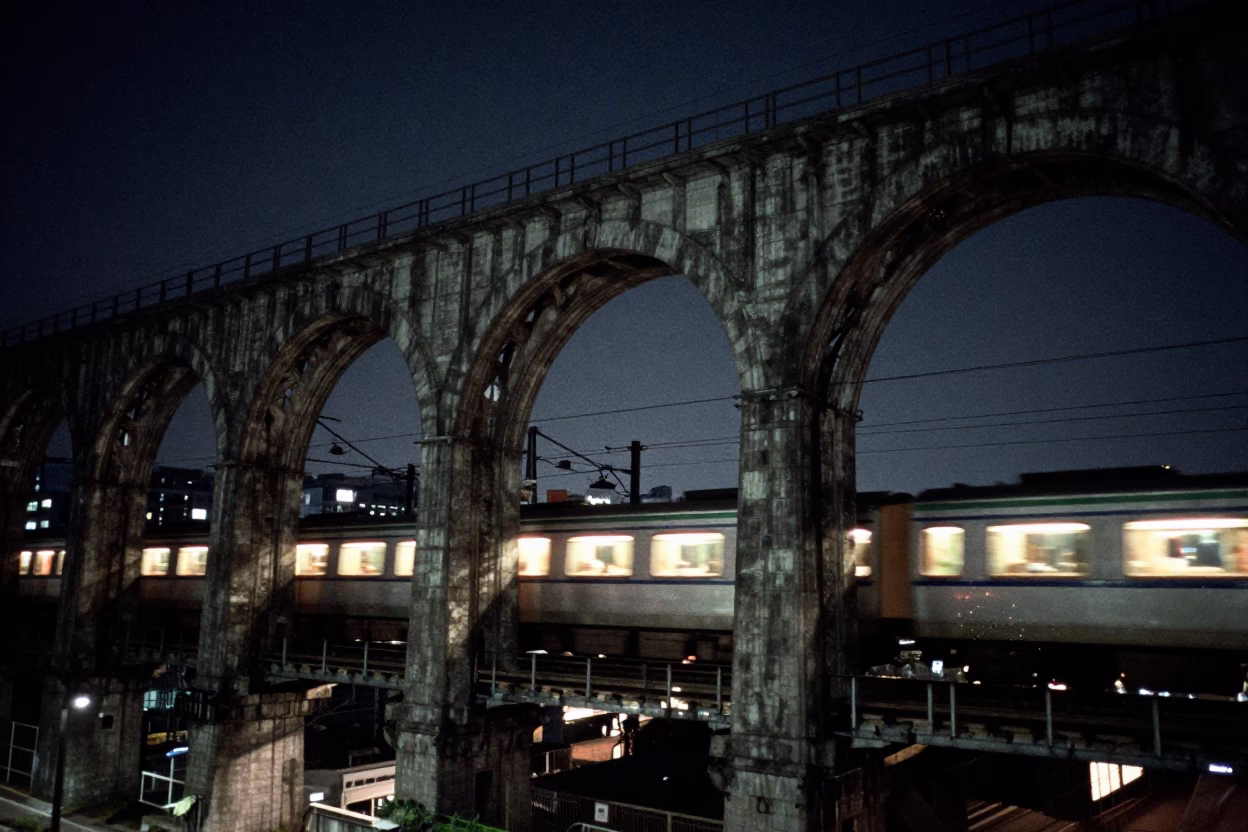 Midnight Seoul Railway Viaduct Arches Passing Train Street Photography in in Seoul, South Korea