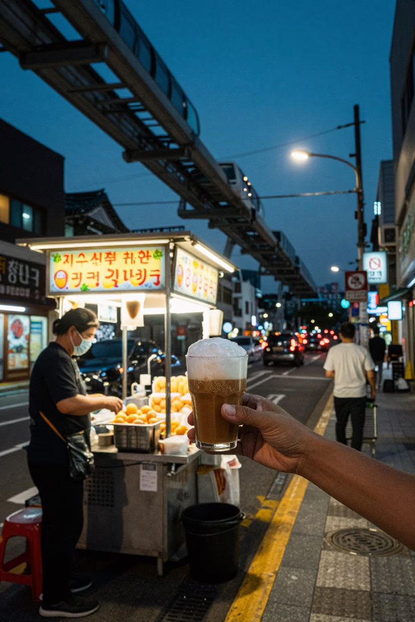 Midnight Seoul Street Corner with Monorail and Vietnamese Egg Coffee in in Seoul, South Korea