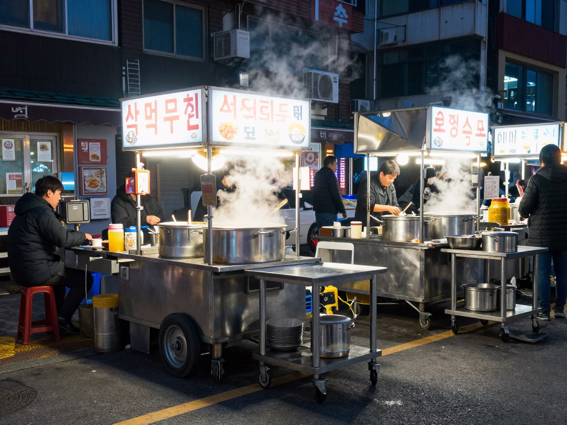 Midnight Seoul Street Food Stall with Rolling Carts and Steam in in Seoul, South Korea