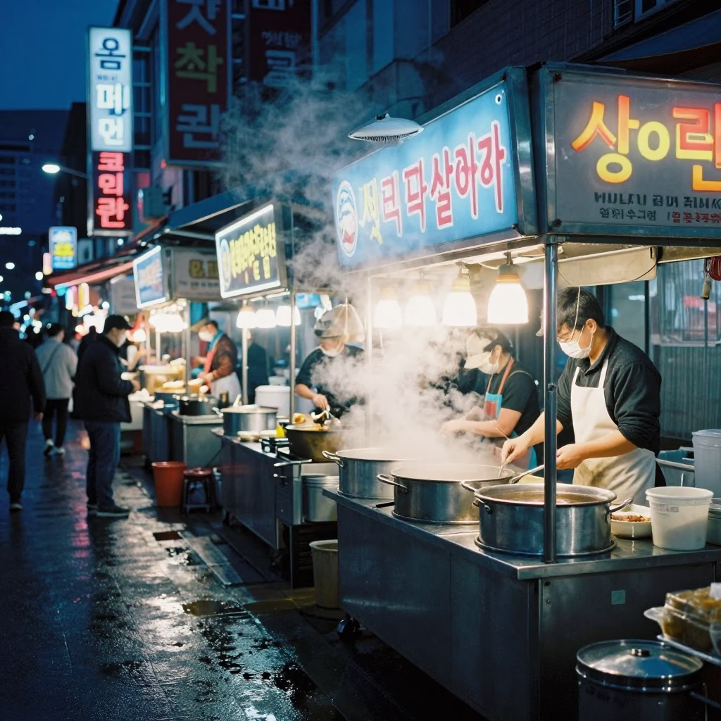 Midnight Seoul Street Food Stall with Steam and Neon Reflections in in Seoul, South Korea