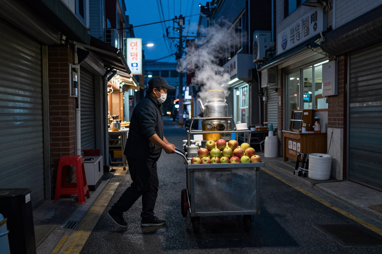 Midnight Seoul Street Food Vendor Rolling Carts with Apples and Teapots in in Seoul, South Korea