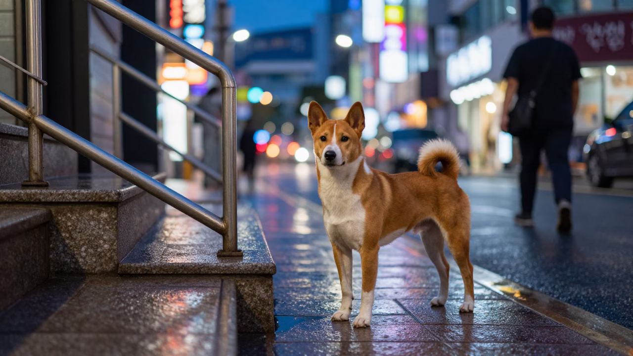 Midnight Seoul Street Scene with Basenji Dog and Urban Elements in in Seoul, South Korea