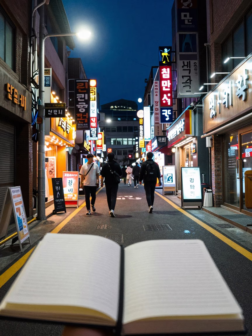 Midnight Seoul Street Scene with Neon Reflections and Notebook in in Seoul, South Korea