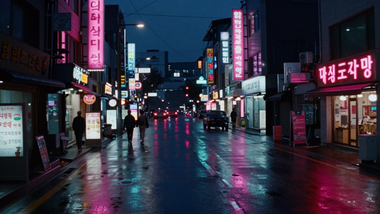 Midnight Seoul Street Scene with Neon Reflections and Urban Night Life in in Seoul, South Korea