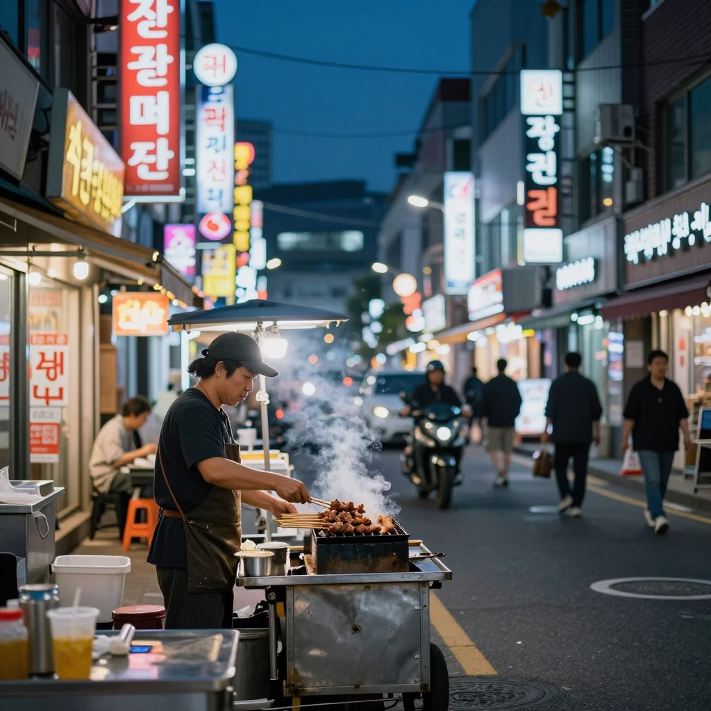 Midnight Seoul Street Scene with Neon Signs and Late Night Food Stall in in Seoul, South Korea