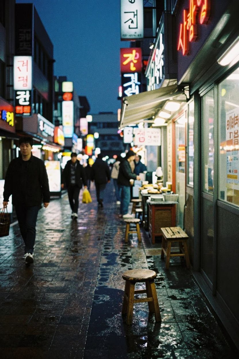 Midnight Seoul Street Scene with Neon Signs and Stool in in Seoul, South Korea