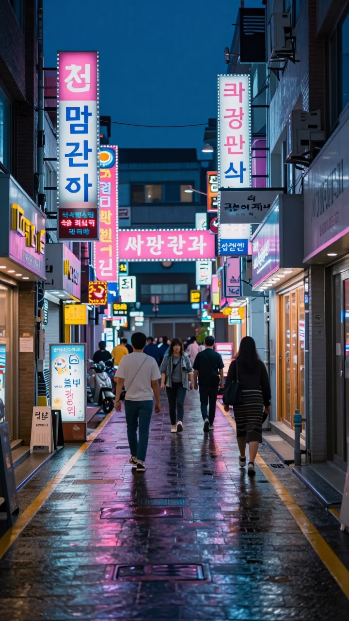Midnight Seoul Street Scene with Neon Signs and Vintage Basketball in in Seoul, South Korea