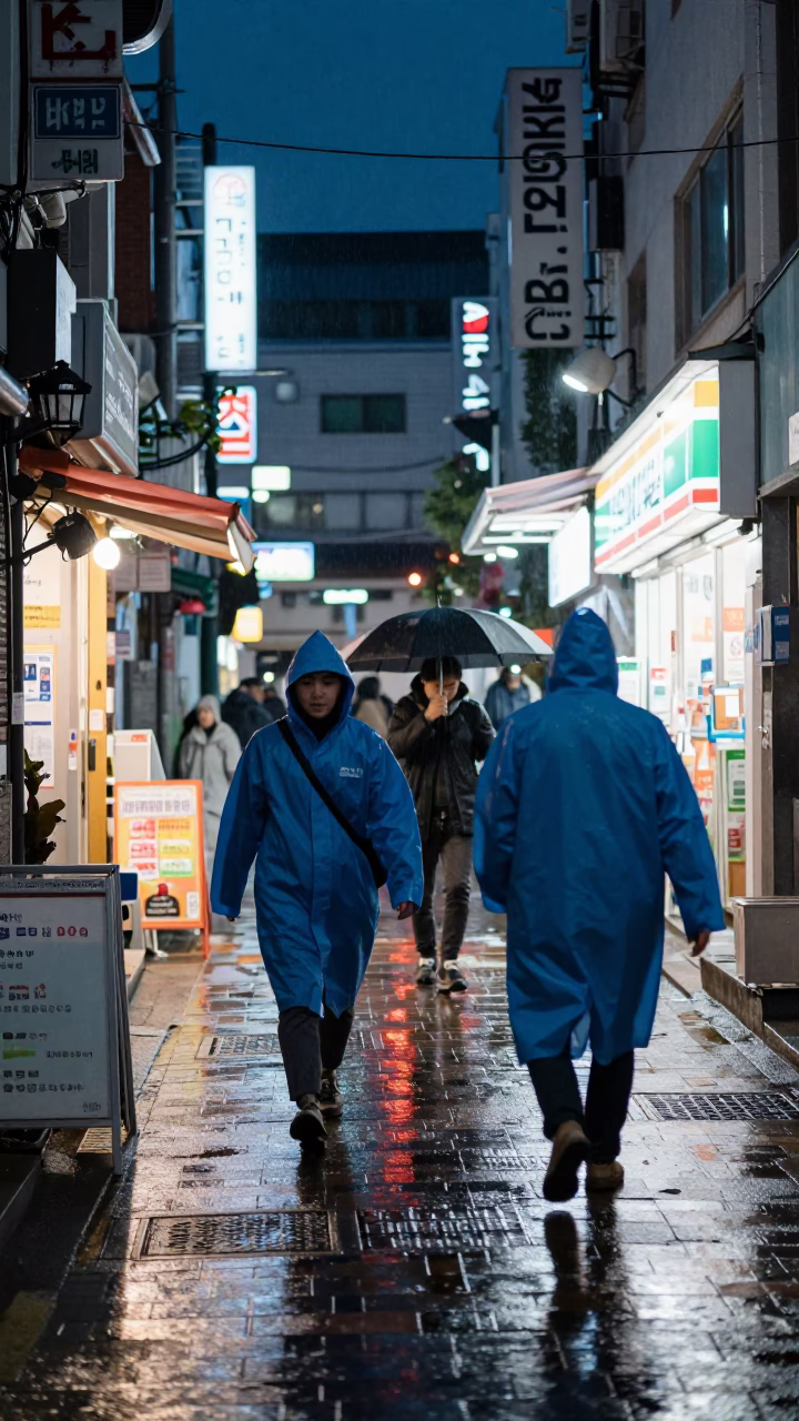 Midnight Seoul Street Scene with Raincoats and Neon Reflections in in Seoul, South Korea