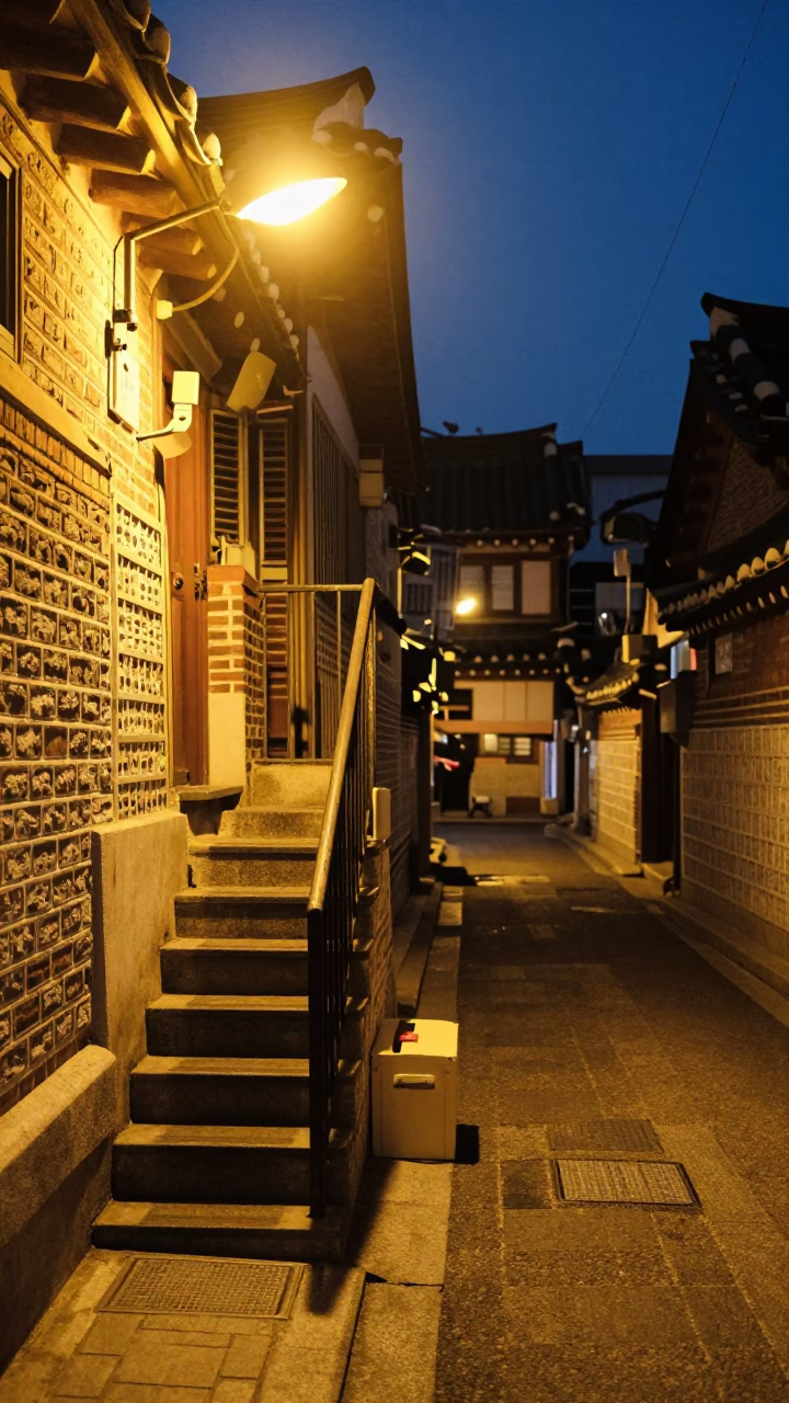 Midnight Seoul Street Scene with Stair Rail and Shoebox Outside Traditional Hanok in in Seoul, South Korea