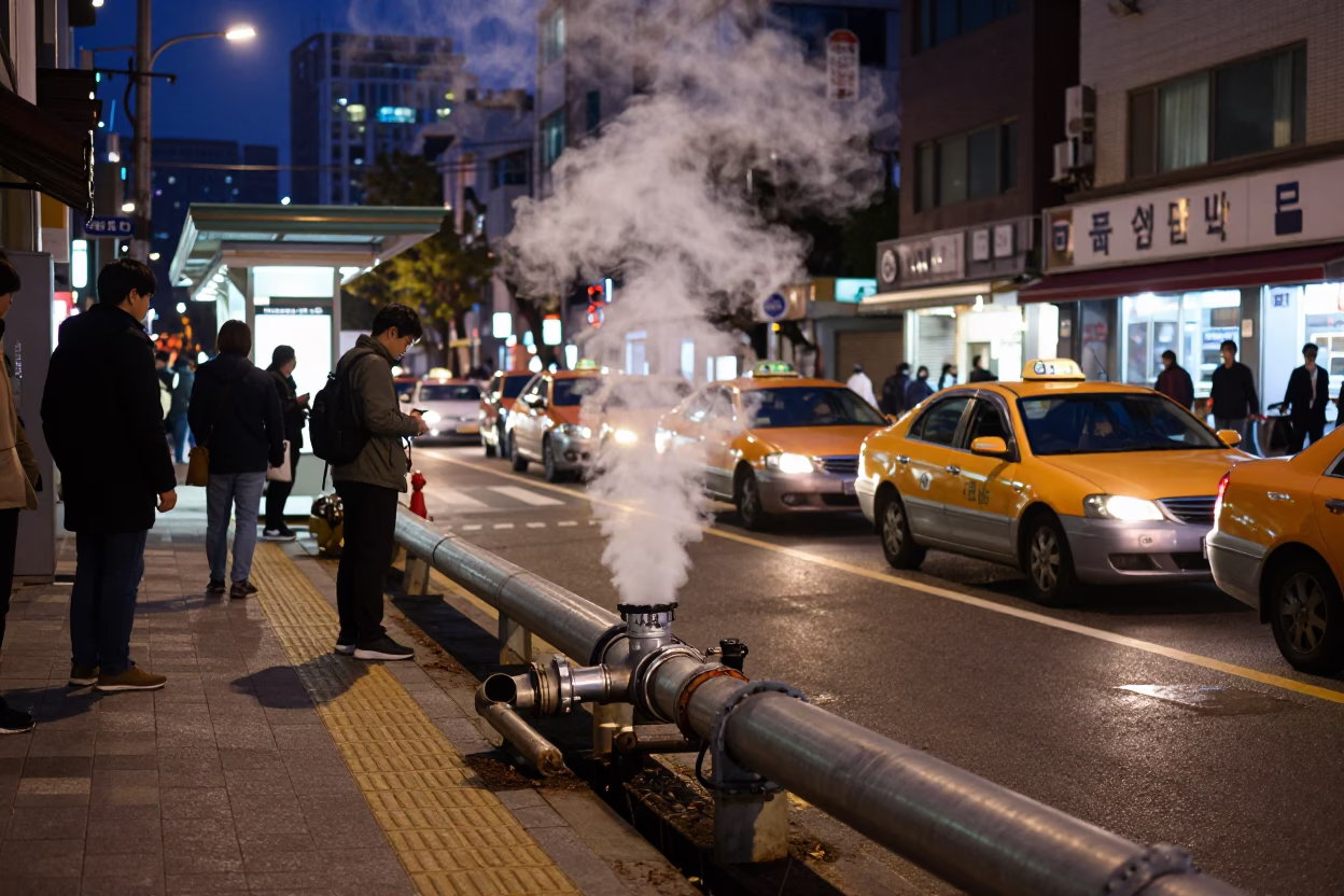 Midnight Seoul Street Scene with Steaming District Heating Pipe and Taxi Rank at Night in in Seoul, South Korea