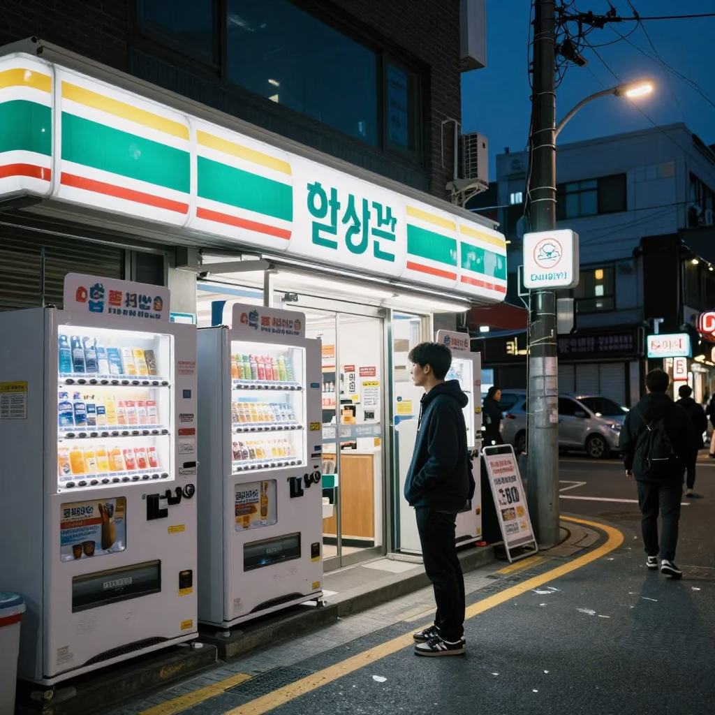 Midnight Seoul Street Scene with Vending Machines and Late Night Snacks in in Seoul, South Korea