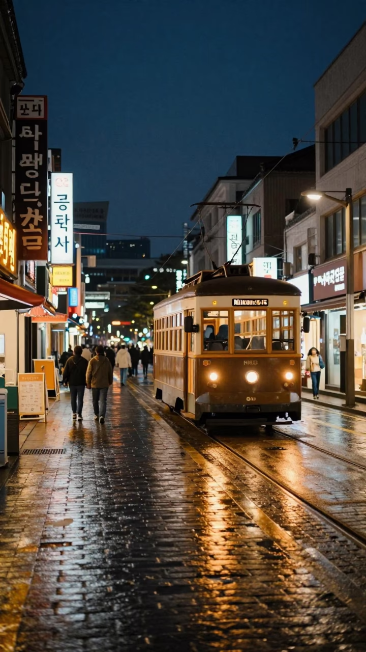 Midnight Seoul Street Scene with Vintage Tram and Late Night Diners in in Seoul, South Korea