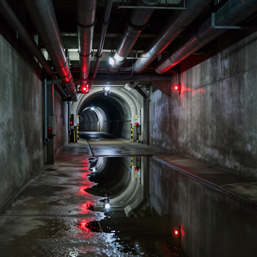 Midnight Service Tunnel Sump Reflecting Pipework and Blinking Indicators in Fukuoka Japan in in Fukuoka, Japan