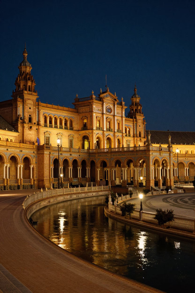 Midnight Seville Plaza De Espana Architecture And Night Sky in in Seville, Spain