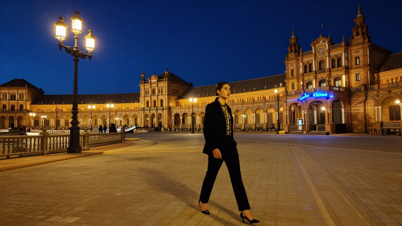Midnight Seville Plaza Fashion Photography with Traditional Architecture and Neon Lights in in Seville, Spain