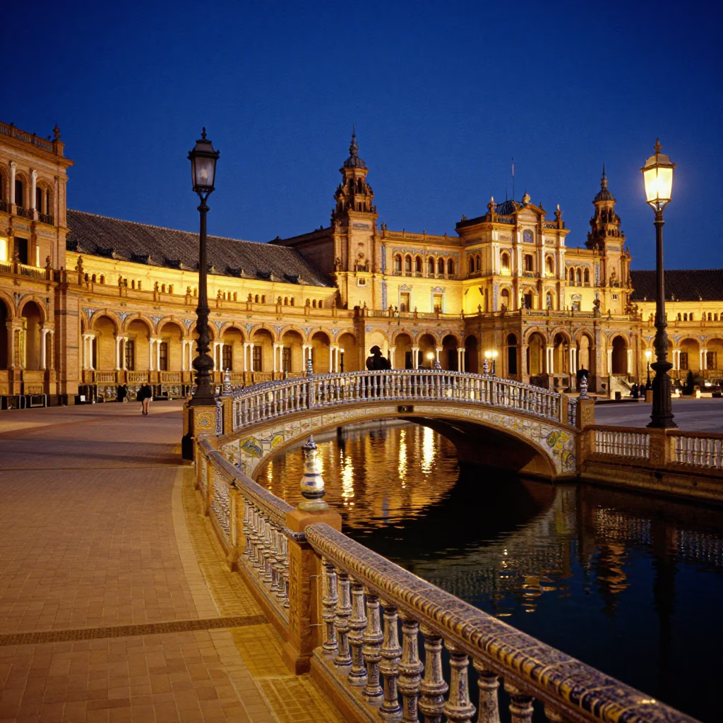Midnight Seville Plaza Real Street Scene with Traditional Spanish Architecture and Local Patrons in in Seville, Spain