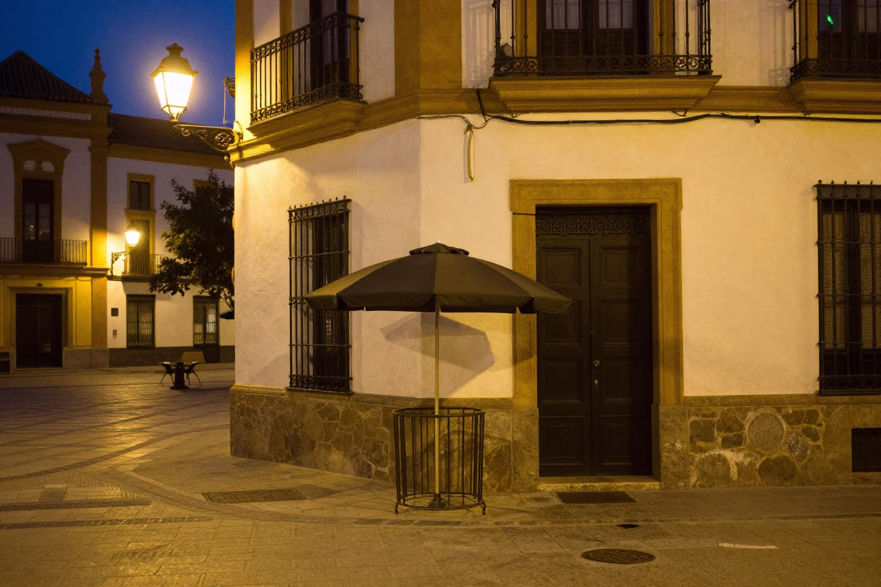 Midnight Seville Plaza Street Corner with Umbrella Stand and Newspaper Stack in in Seville, Spain