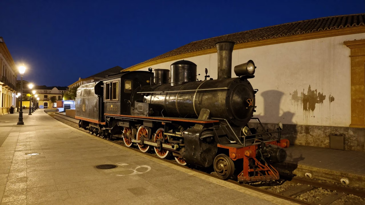 Midnight Seville Plaza with Heritage Steam Locomotive and Local Street Life in in Seville, Spain