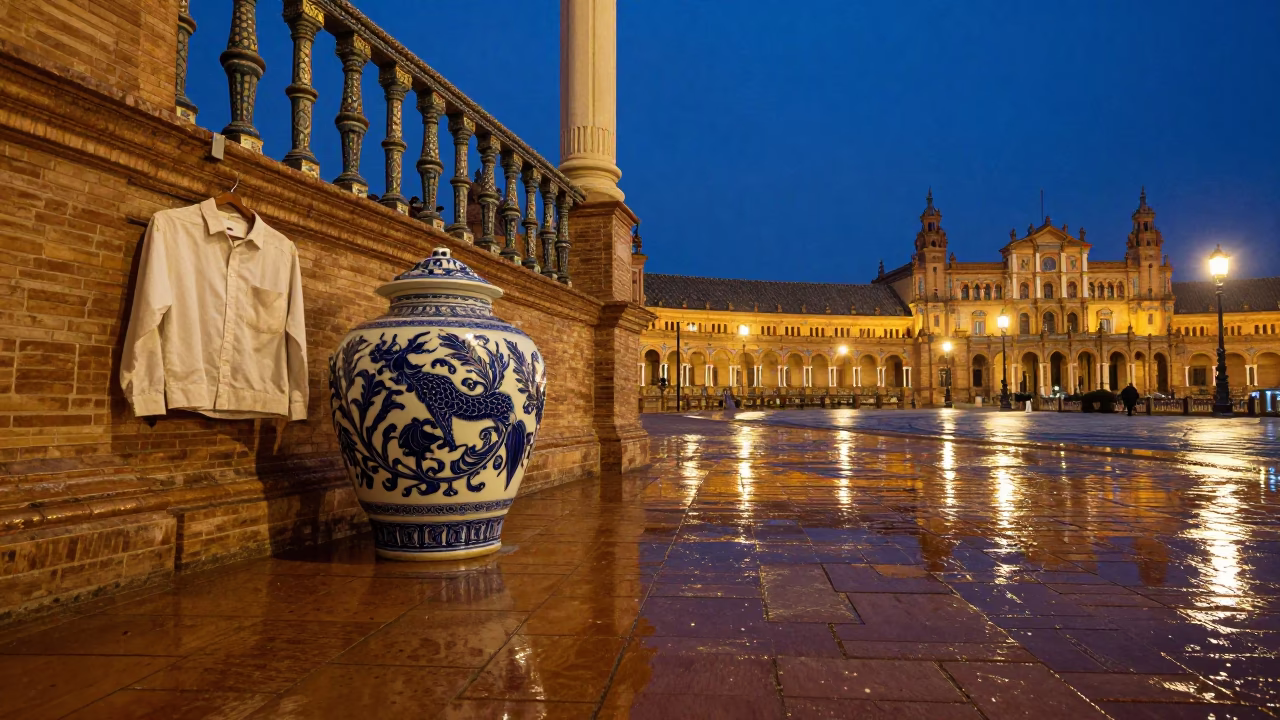Midnight Seville Plaza with Porcelain Jar and Shirt Hanger in Rain in in Seville, Spain