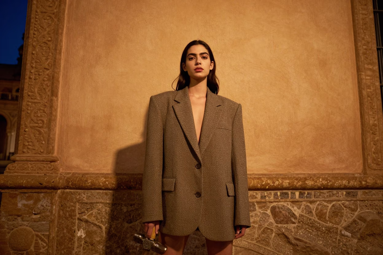 Midnight Seville Street Fashion Portrait with Vintage Claw Hammer Detail in in Seville, Spain