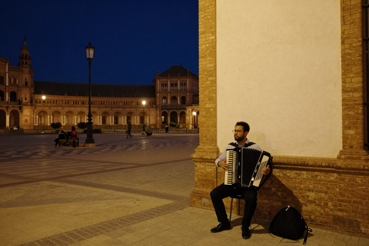 Midnight Seville Street Scene with Accordion Player and Vintage Majolica Plate on Balcony in in Seville, Spain