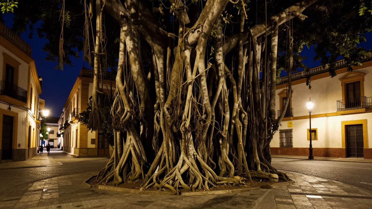 Midnight Seville Street Scene with Banyan Tree Roots and Local Nightlife in in Seville, Spain