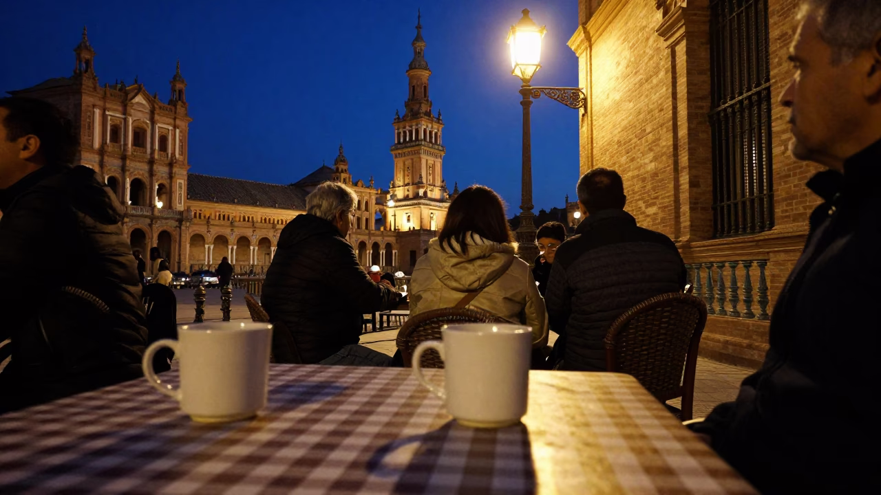 Midnight Seville Street Scene with Coffee Mugs and Cat in in Seville, Spain