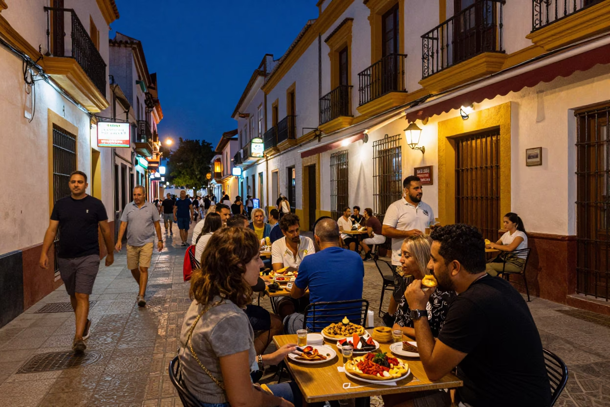 Midnight Seville Street Scene with Colorful Tapas and Local Nightlife in in Seville, Spain