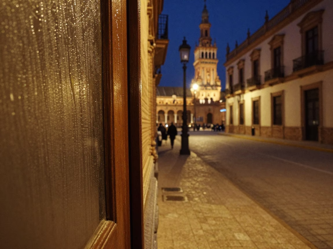Midnight Seville Street Scene with Condensation on Doorframe and Window Light on Handle in in Seville, Spain