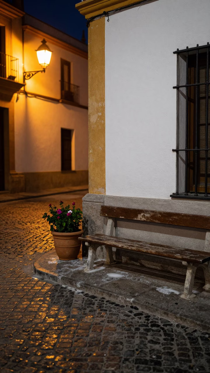 Midnight Seville Street Scene with Flowerpot and Soap Residue on Bench in in Seville, Spain