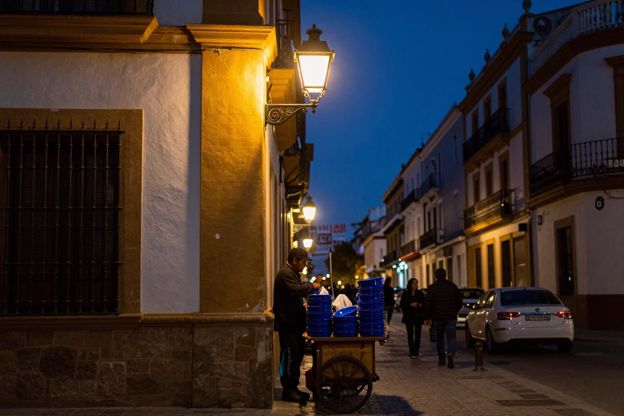 Midnight Seville Street Scene with Hurricane Lamp and Enamel Bowls in in Seville, Spain
