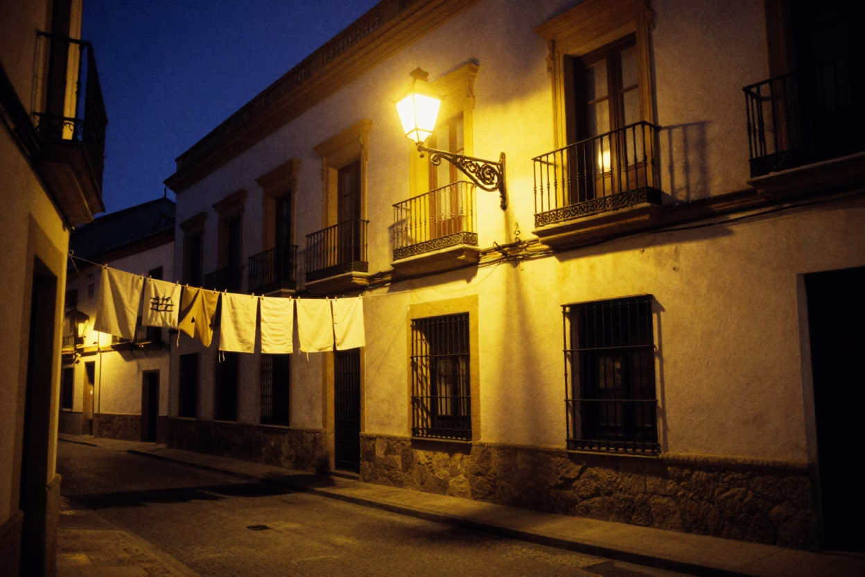Midnight Seville Street Scene with Laundry Pins and Twine Spool in Andalusian Night in in Seville, Spain