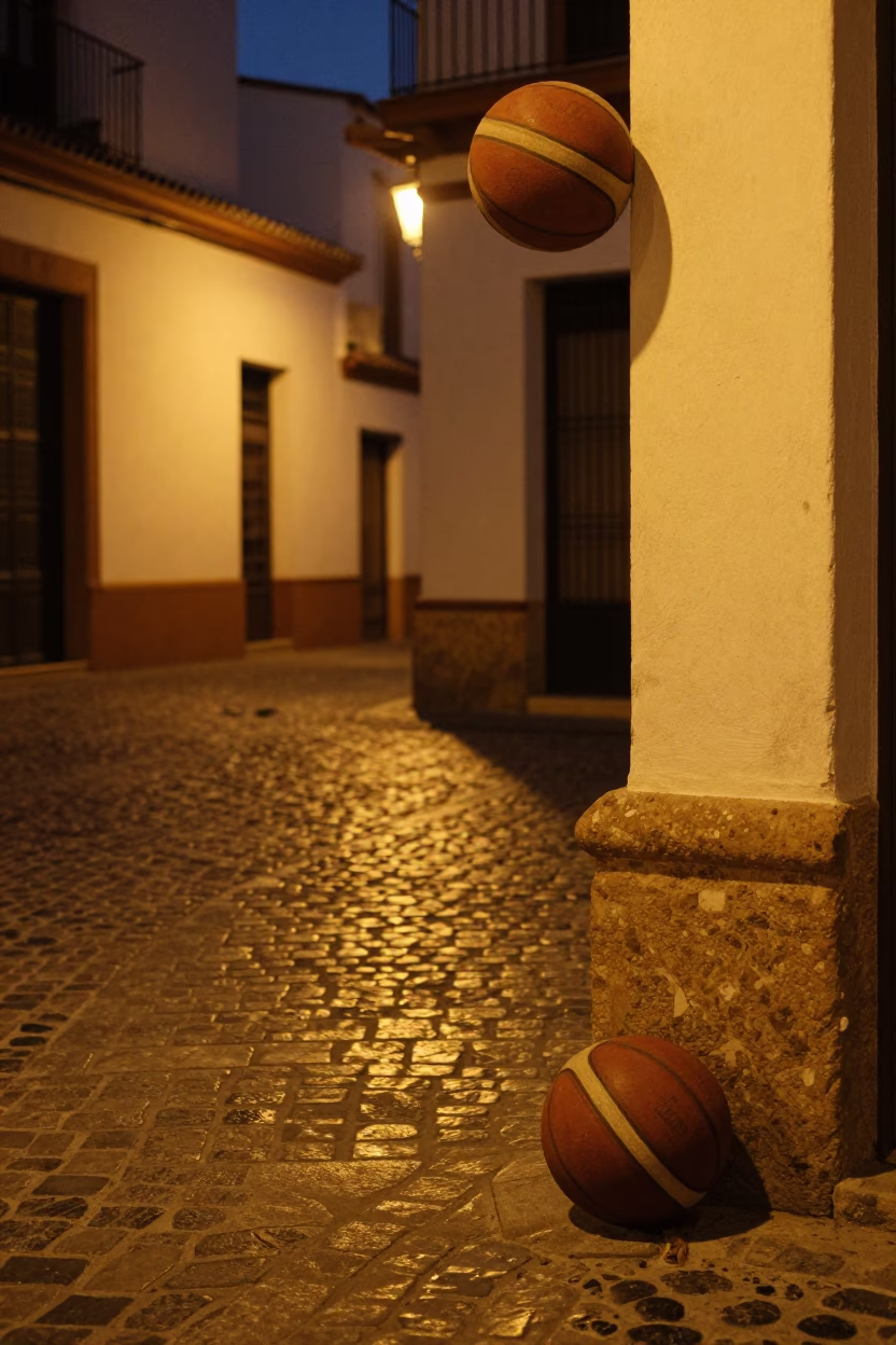 Midnight Seville Street Scene with Old Leather Basketball and Watering Can in in Seville, Spain