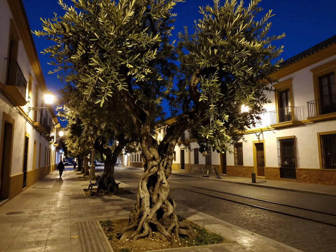 Midnight Seville Street Scene with Olive Tree and Railway Viaduct Background in in Seville, Spain