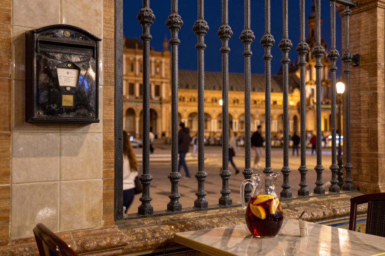 Midnight Seville Street Scene with Substation Fence Dew and Local Life in in Seville, Spain