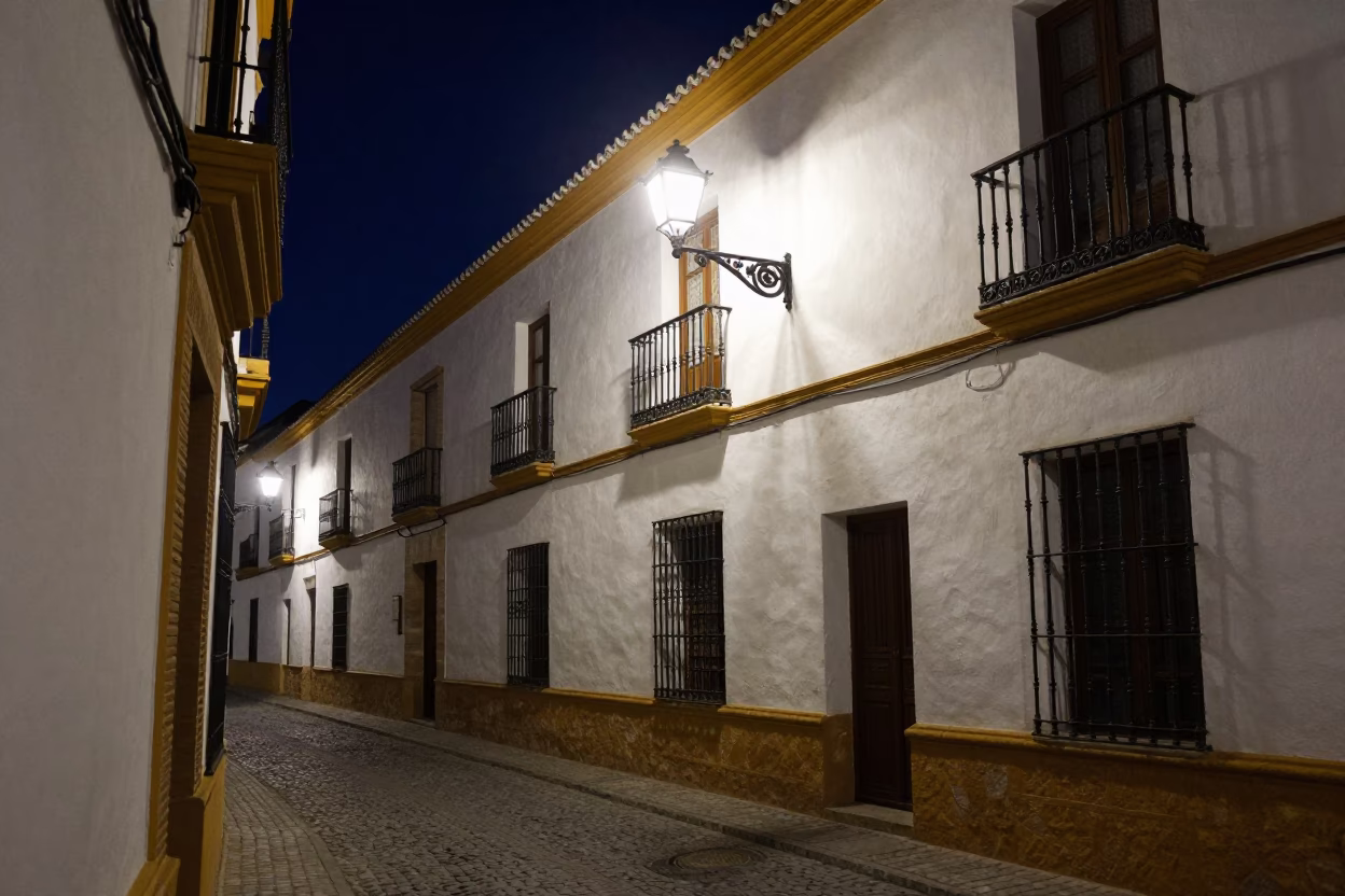 Midnight Seville Street Scene with Traditional Spanish Architecture and Local Nightlife Elements in in Seville, Spain