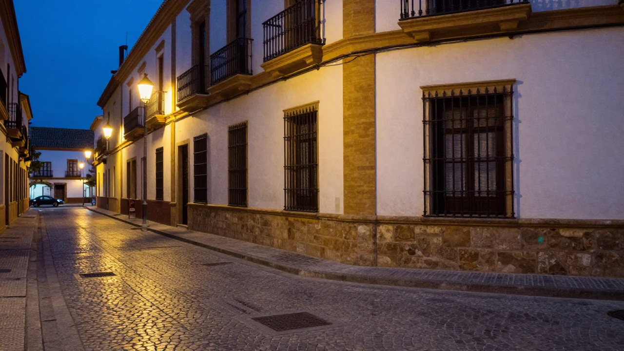 Midnight Seville Street Scene with Vintage 1960s Aesthetic and Warm Street Lighting in in Seville, Spain