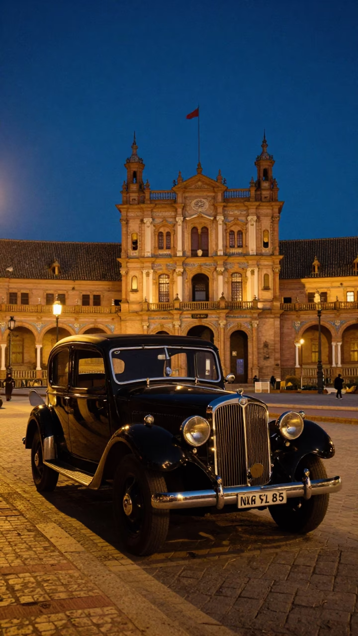 Midnight Seville Street Scene with Vintage Car and Gothic Rose Window Light in in Seville, Spain