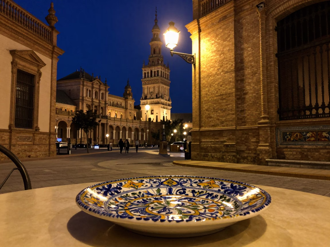 Midnight Seville Street Scene with Vintage Italian Majolica Plate and Metal Stools in in Seville, Spain