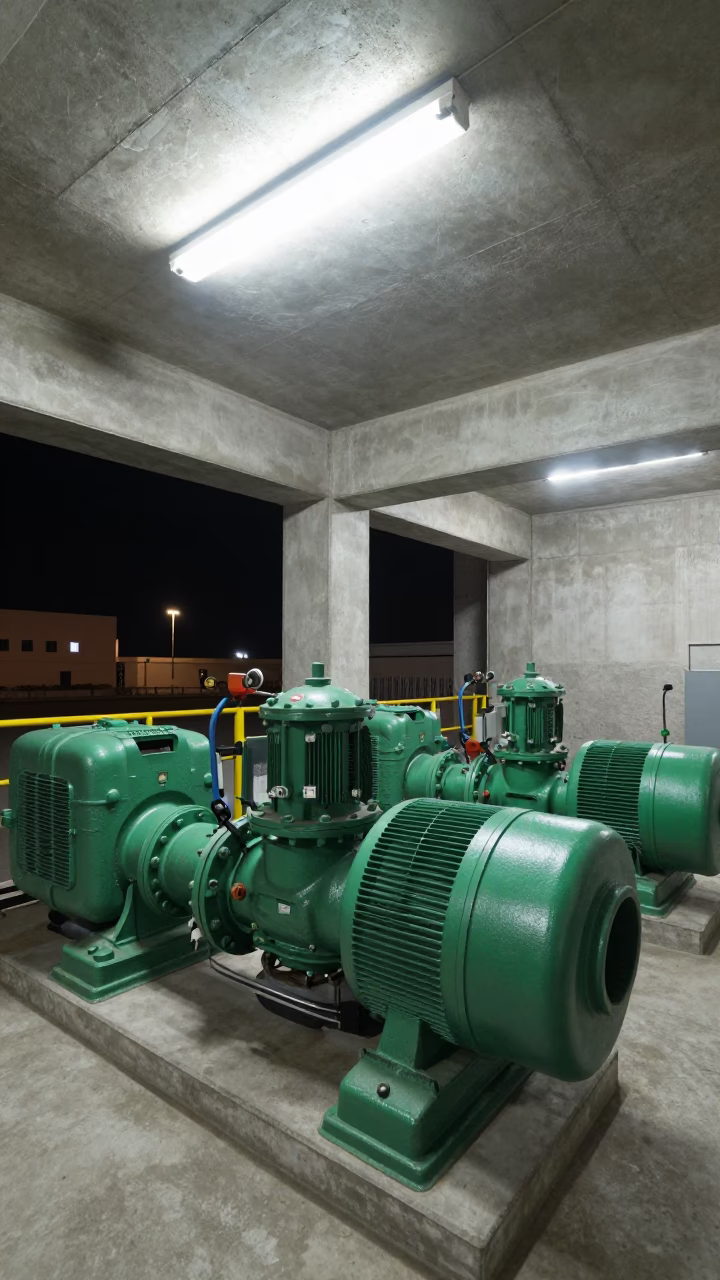 Midnight sewage pumping station interior with massive green pumps in Muscat Oman in in Muscat, Oman