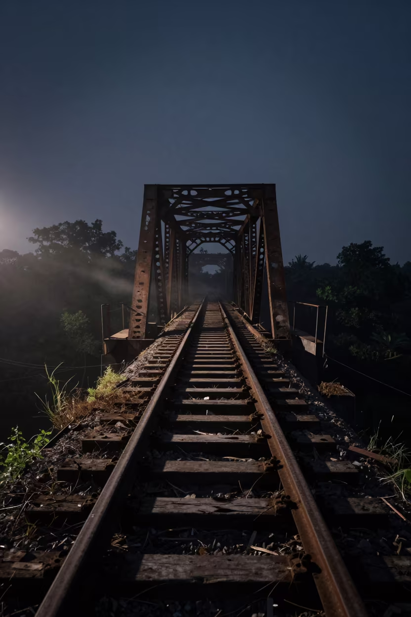 Midnight Shadow on Abandoned Rail Bridge Over Gorge in inside a roofless nave near Kanpur