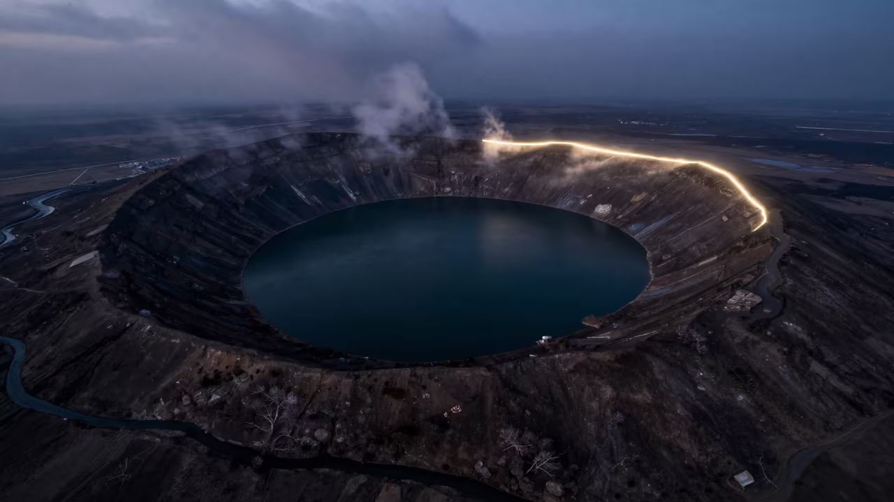 Midnight Shadow Over Kashmir Volcanic Lake in high above braided river channels in Kashmir