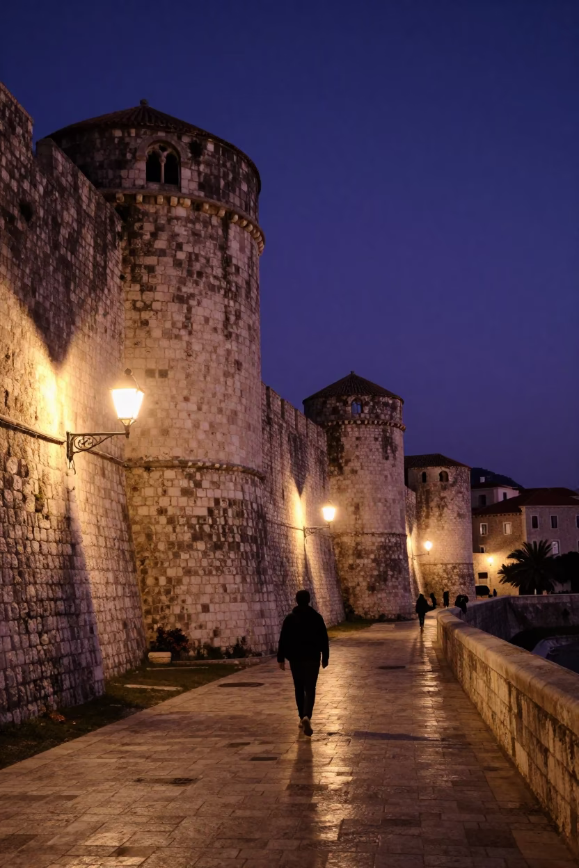 Midnight Shadows on Dubrovnik’s Old Town Stone Walls Near Pile Gate in in Dubrovnik, Croatia