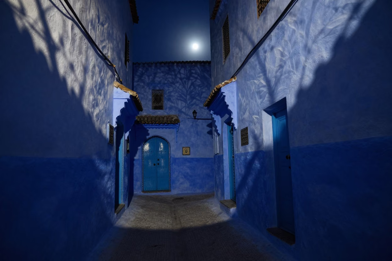 Midnight Shadows on Essaouira Blue Walls with Leaf Patterns and Street Life in in Essaouira, Morocco